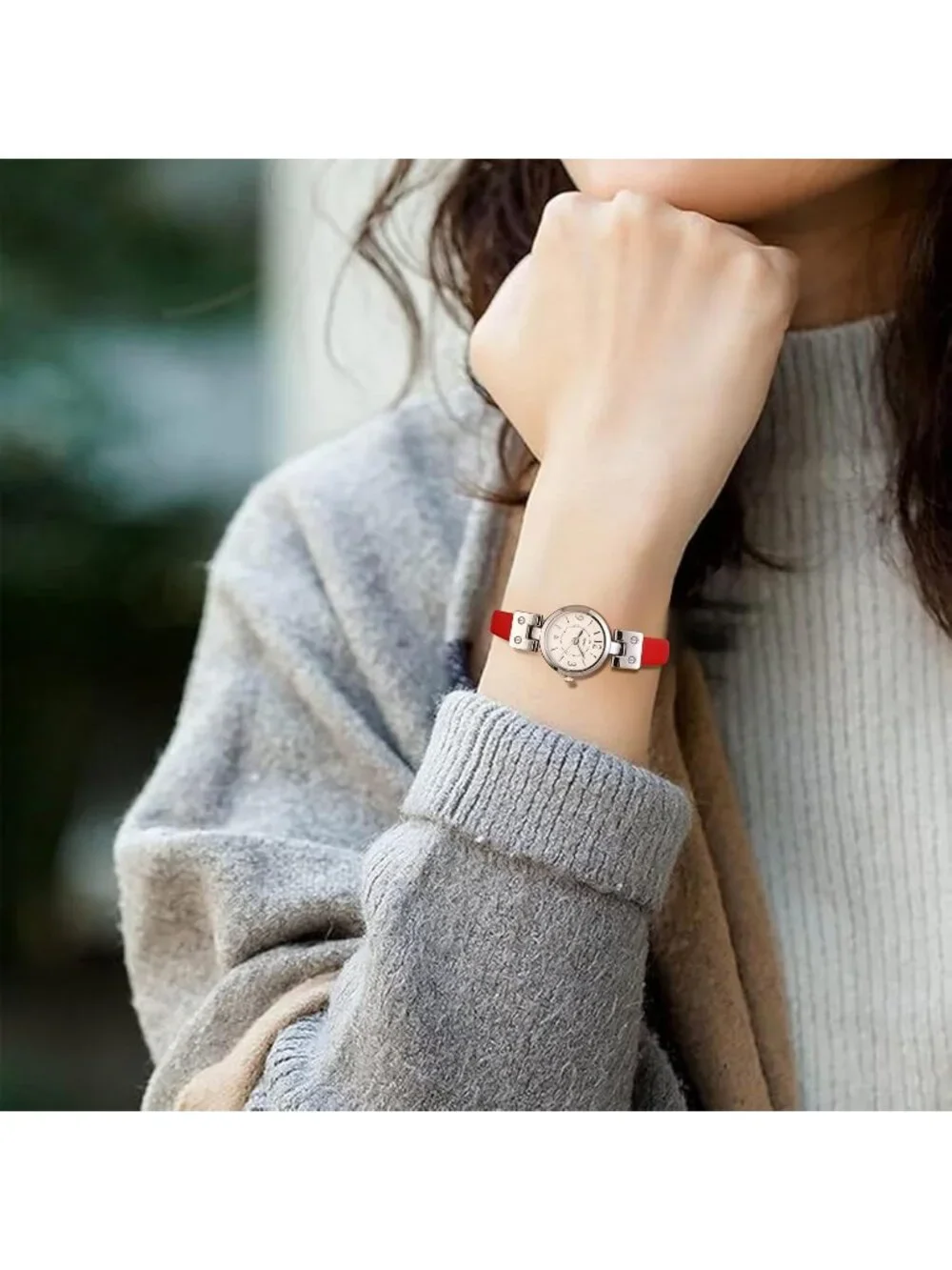 Women's Silver Red Gold Elegant Dial with Leather Strap Minimalist Wrist Watch
